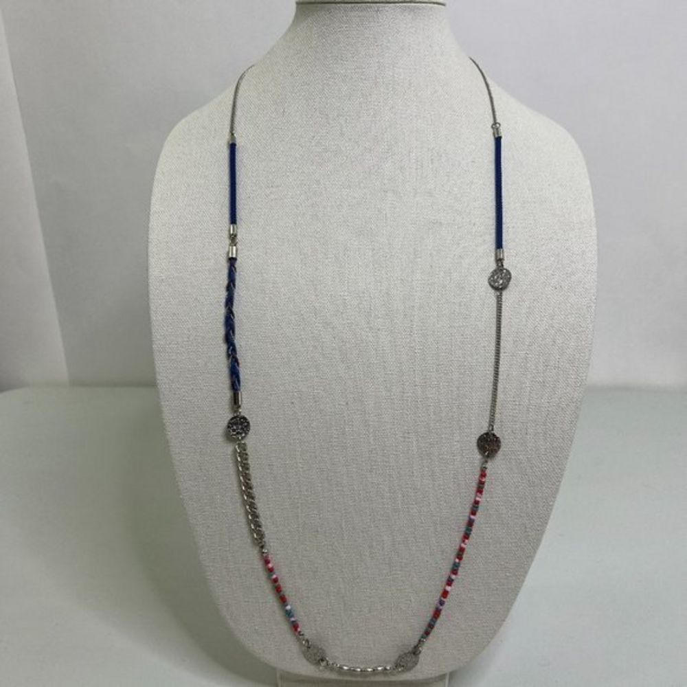 Beaded Necklace Chain Long Multi Color Blue Pink Silver Tone Textured Hammered U